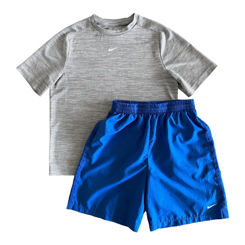 Nike Boys Gray Royal Blue Dri-FIT Athletic Shirt Shorts Outfit - Youth XL